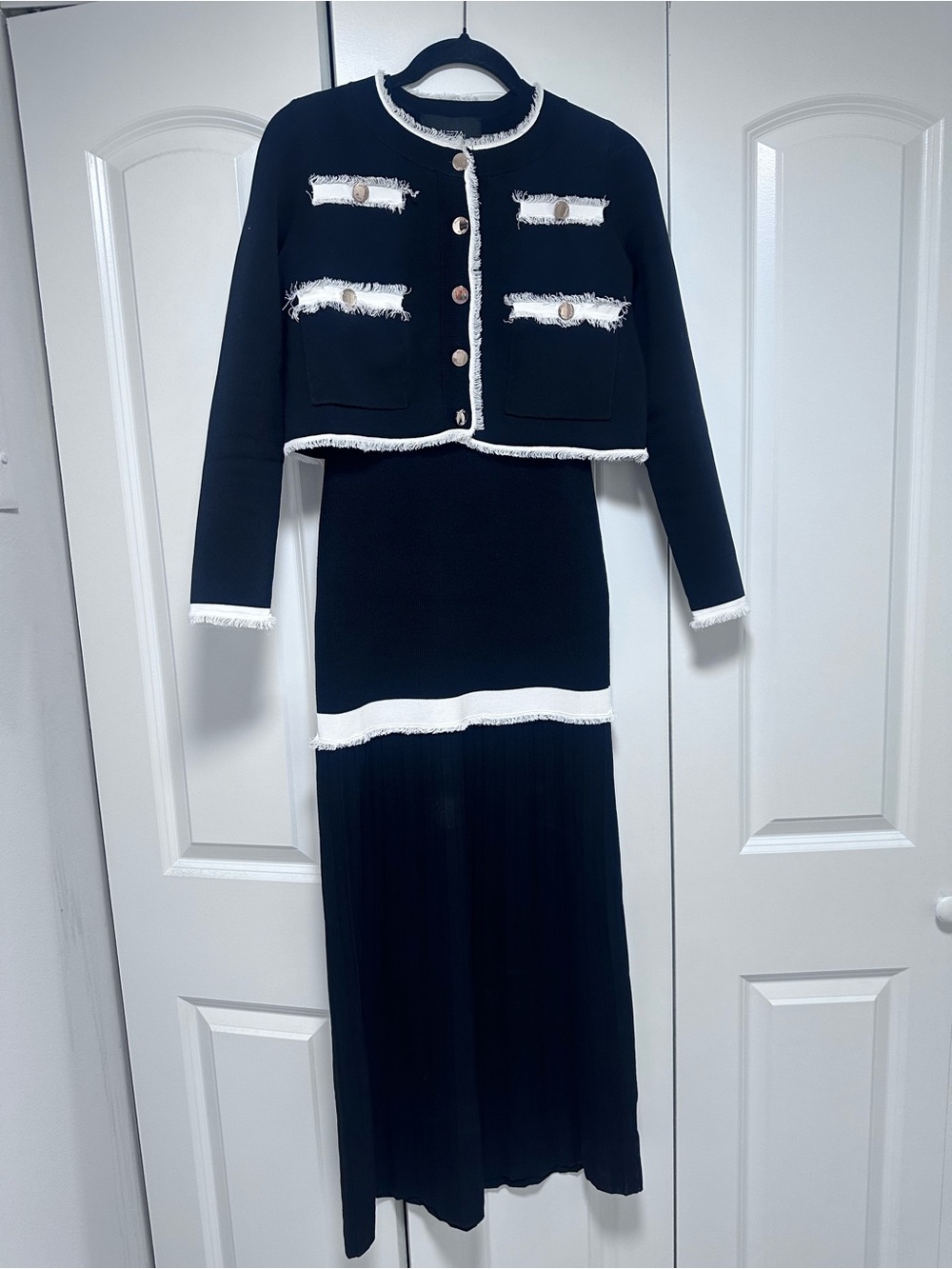 Aleeza Paris Black and White Fringe-Trim Maxi Dress Set